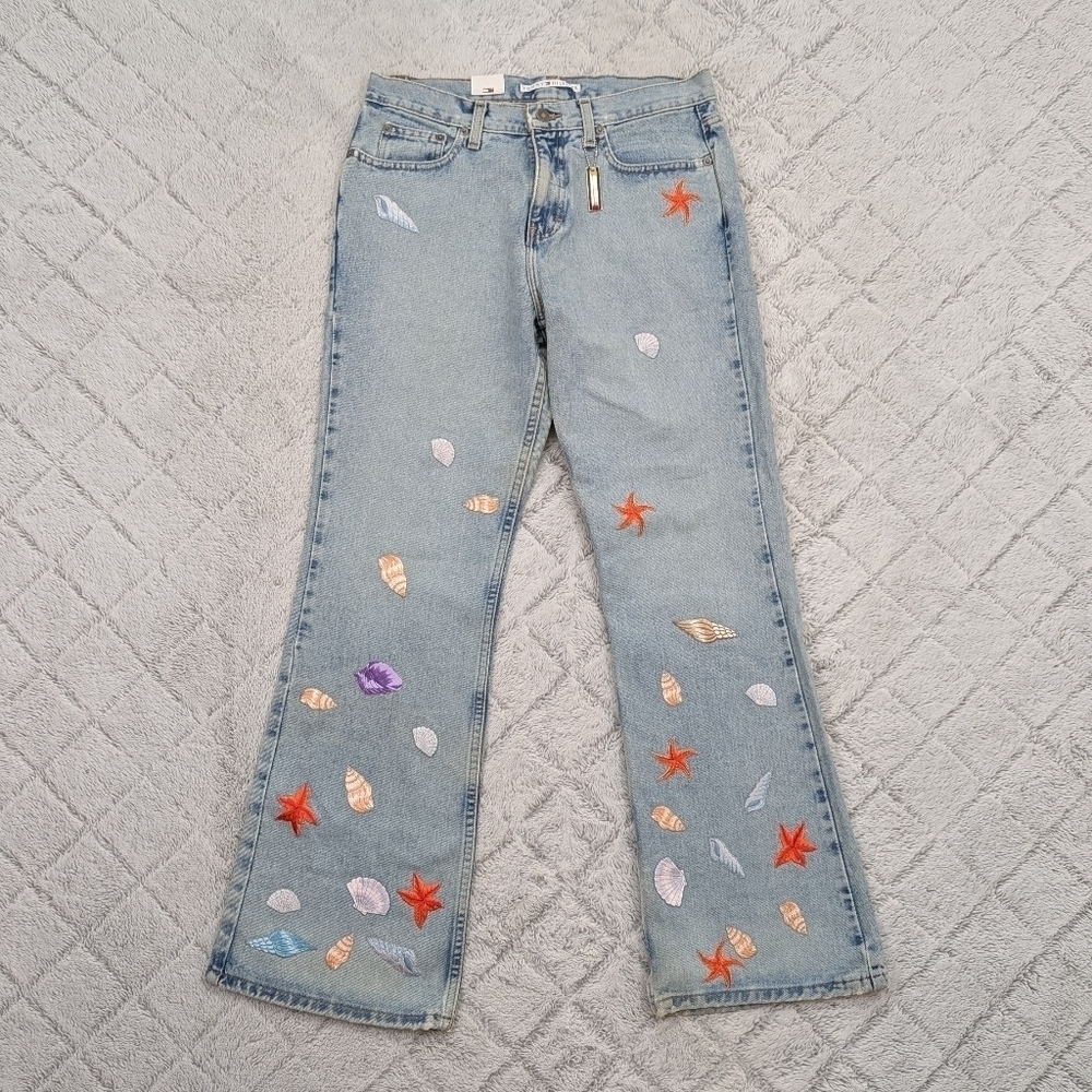Vintage Tommy Hilfiger Jeans Womens 10 Blue Flare Embroidery Patches 90’s Retro